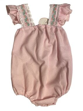 Abby & Evie Pink Seersucker Bubble Embroidered Ruffled  Lace Straps NWT 18 mths